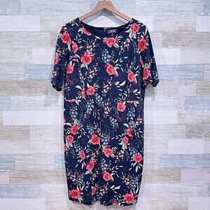 Lands End Ponte Knit Sheath Dress Navy Blue Floral Short Sleeve Pocket Womens 16
